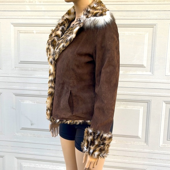 Guess Brown Leather Jacket with Animal Print Trim - Picture 4 of 12